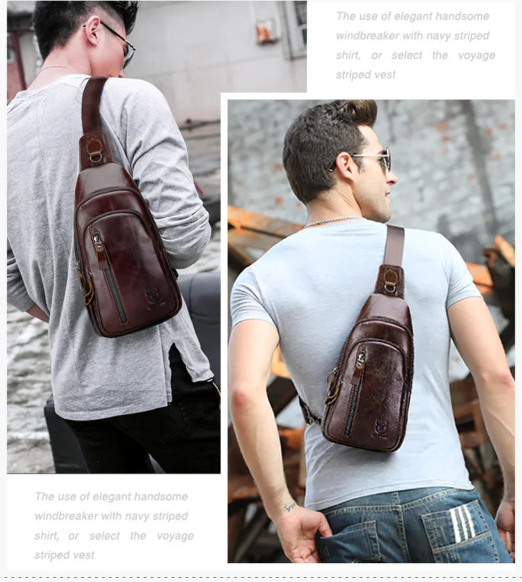 BULLCAPTAIN Men's Genuine Leather Casual Crossbody Bags Leather Chest Bag For Men Fashion Excursion Bag's Can Hold 7.9 Inch IPai