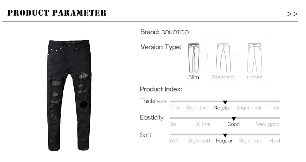 Sokotoo Men's slim skinny crystal rhinestone patchwork ripped jeans Fashion patch black stretch denim pants