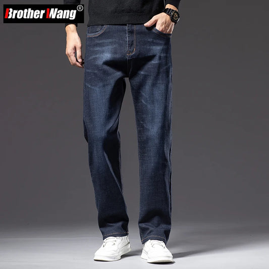 Autumn Men's Dark Blue Straight-leg Brand Jeans Classic Style Business Casual Cotton Stretch Denim Pants Male Plus Size 40 42 44