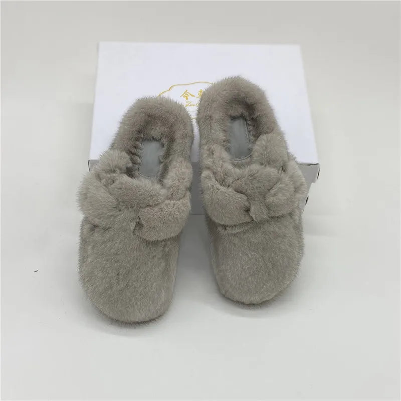 Real Leather Mink Fur Slippers Woman Luxury Flat Solid Color Horse Hair Round Toe Covered Toe Shoes Woman Designer Brand Casual