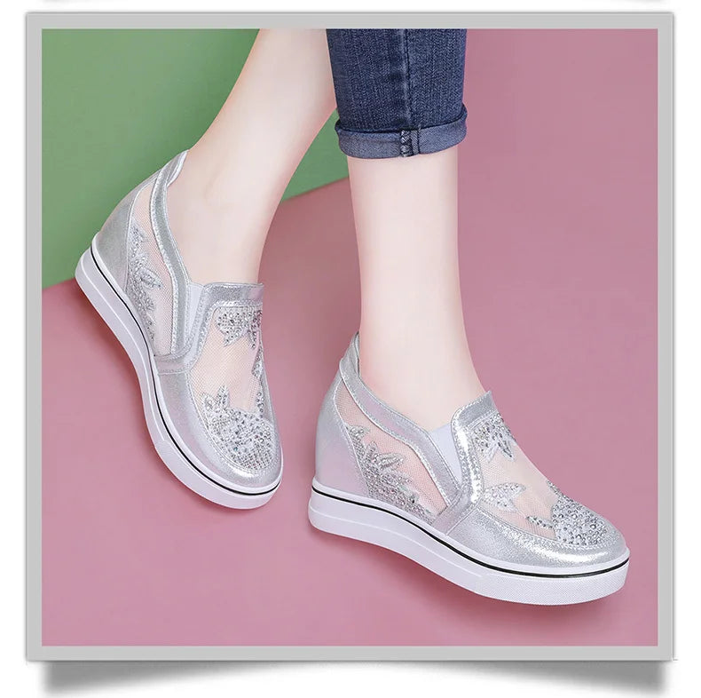 Comfortable Women Loafers Shoes Lace Slip On Walking Shoes White Sneakers Casual Shoes Ballet Flats Platform Shoes Rhinestone