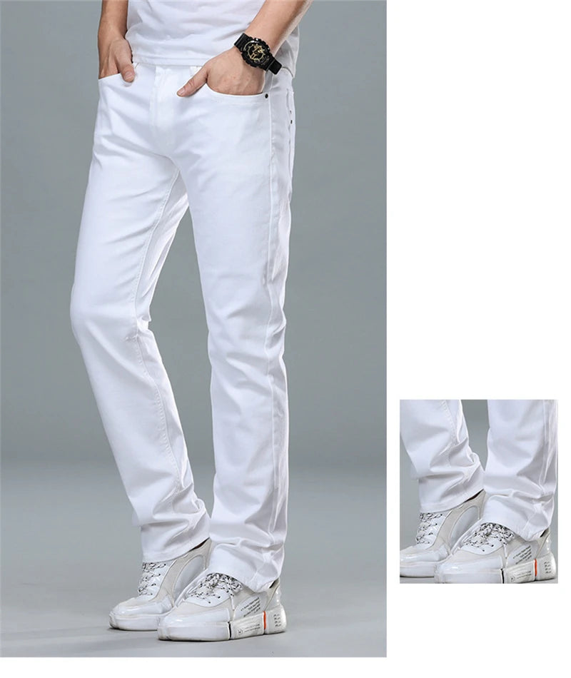 Classic Style Men's Regular Fit White Jeans Business Smart Fashion Denim Advanced Stretch Cotton Trousers Male Brand Pants