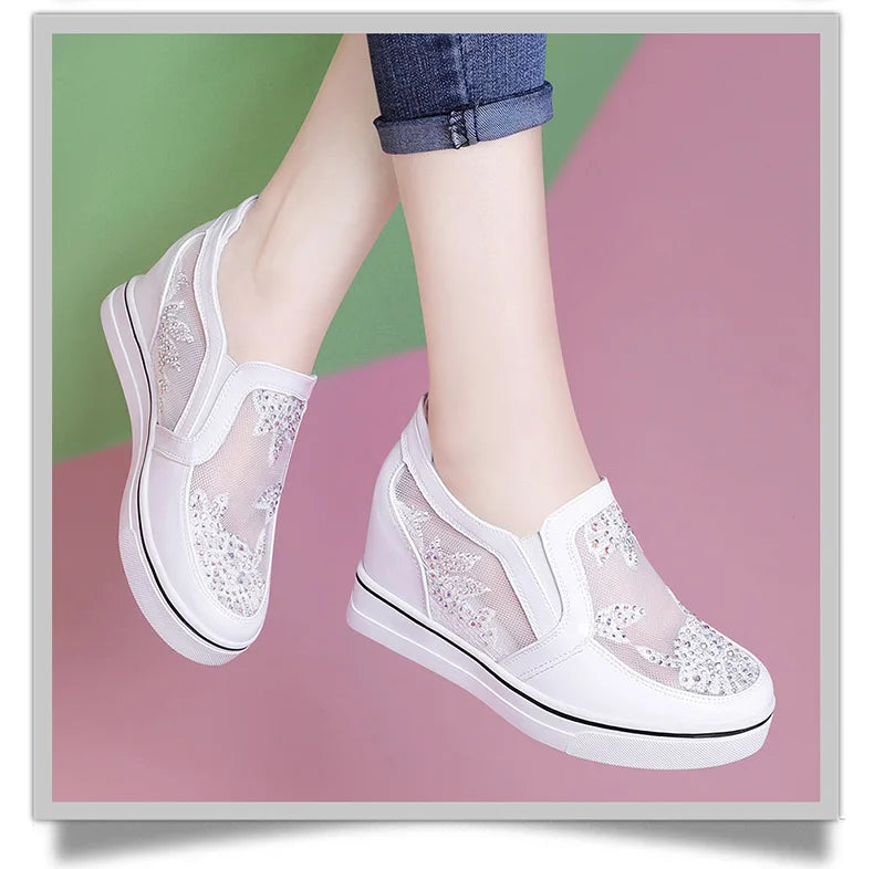 Comfortable Women Loafers Shoes Lace Slip On Walking Shoes White Sneakers Casual Shoes Ballet Flats Platform Shoes Rhinestone