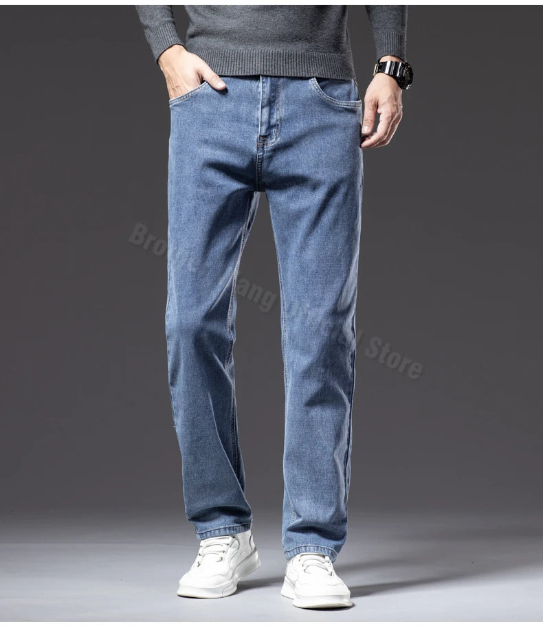 Autumn Men's Dark Blue Straight-leg Brand Jeans Classic Style Business Casual Cotton Stretch Denim Pants Male Plus Size 40 42 44