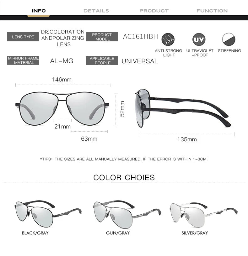 Classic Brand Design Pilot Photochromic Sunglasses Men Polarized Safety Driving Sun Glasses Women Anti-Glare gafas de sol hombre