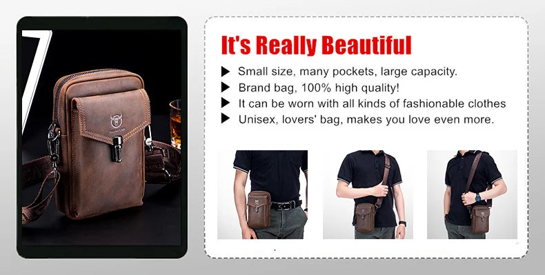 BULLCAPTAIN Men's Genuine Leather Casual Crossbody Bags Leather Chest Bag For Men Fashion Excursion Bag's Can Hold 7.9 Inch IPai