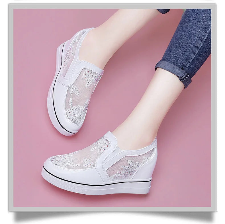 Comfortable Women Loafers Shoes Lace Slip On Walking Shoes White Sneakers Casual Shoes Ballet Flats Platform Shoes Rhinestone