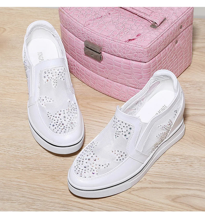 Comfortable Women Loafers Shoes Lace Slip On Walking Shoes White Sneakers Casual Shoes Ballet Flats Platform Shoes Rhinestone