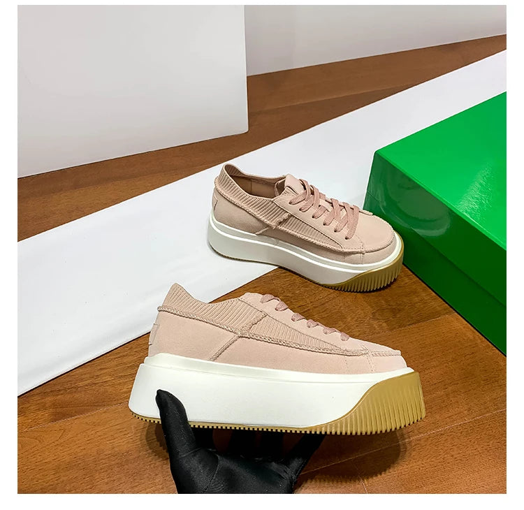 New Luxury Height Increase Flats Platform Shoes Women er Casual Sneakers Genuine Leather Lace-up Thick Sole Board Shoes