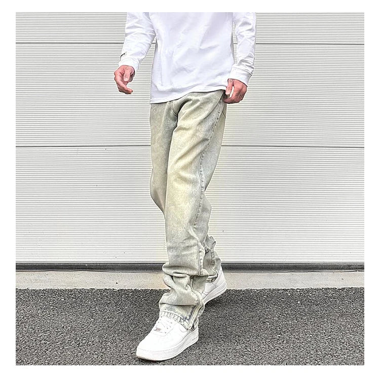 Streetwear Vibe Vintage Distressed Washed Trousers Jeans Yellow Mud Dyed Zipper Split Straight Jeans Men's and Women's Clothing