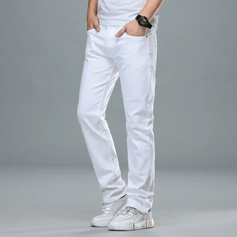 Classic Style Men's Regular Fit White Jeans Business Smart Fashion Denim Advanced Stretch Cotton Trousers Male Brand Pants