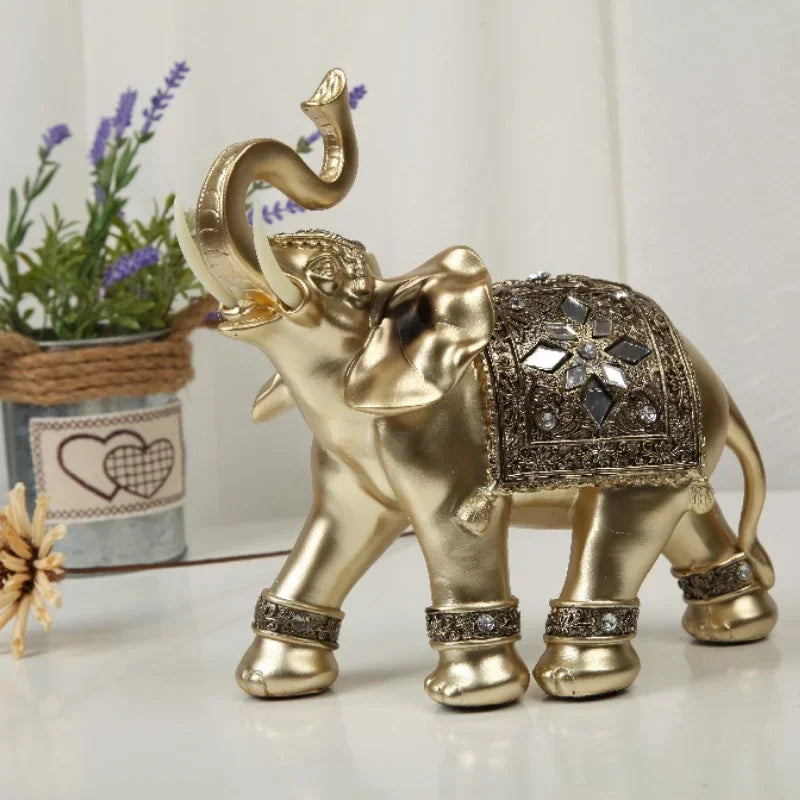 Golden Resin Elephant Statue Feng Shui Elegant Elephant Trunk Sculpture Lucky Wealth Figurine Crafts Ornaments For Home Decor