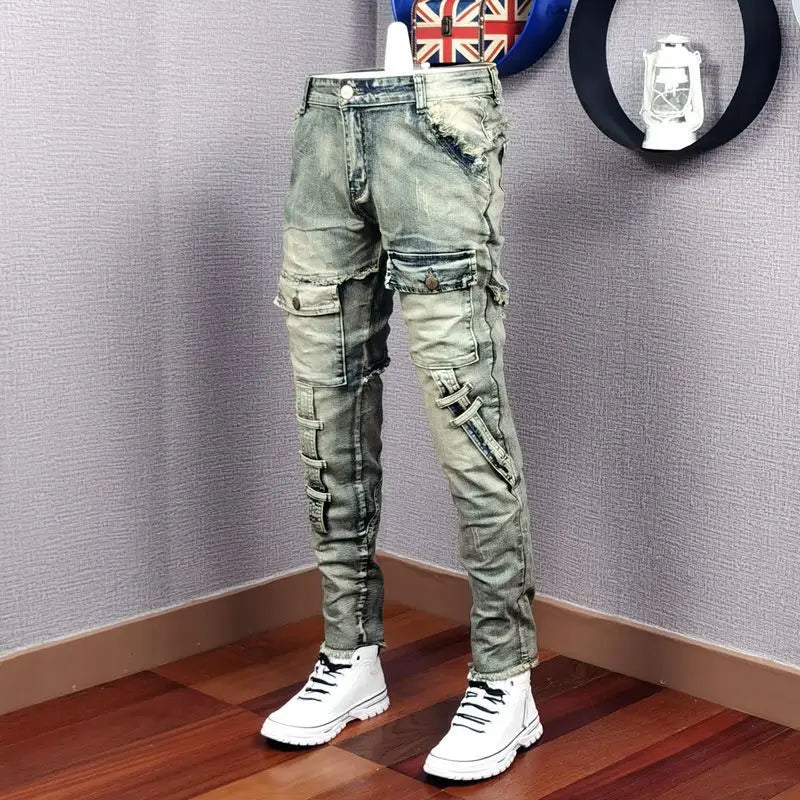 Autumn Winter 2022 New Broken Denim Jean Men's Patch Slim Feet Fashion Retro Cargo Pants Vintage Pantalon Skinny Homme Jeans