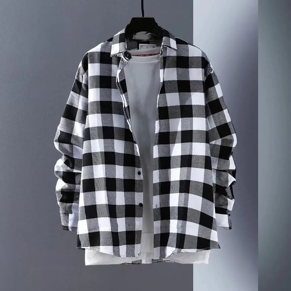 Plaid Shirt Men's Long Sleeve Korean Thin Buttons Men Autumn Mens Spring Casual Shirt Thin Coat Oversize Loose Shirt Cardigan