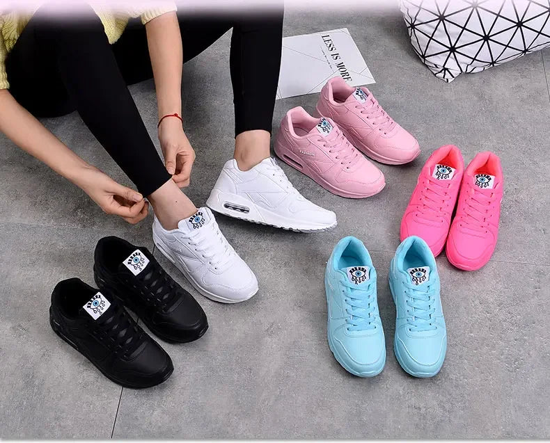 Women Fashion Sneakers Air Cushion Sports Shoes Pu Leather Blue Shoes White Pink Outdoor Walking Jogging Shoes Female Trainers