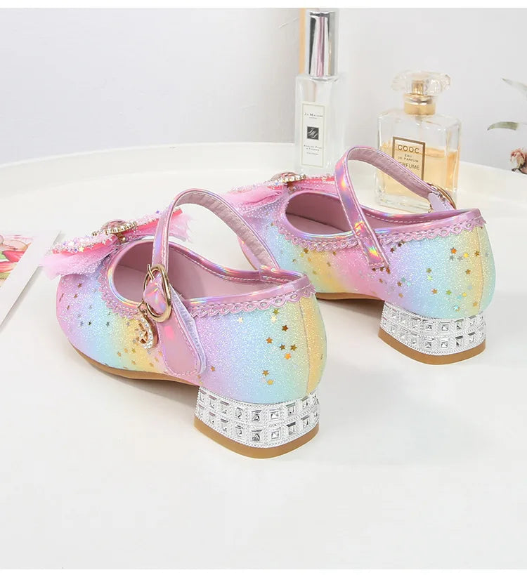 Disney Women Causal Shoes Children's High Heels Princess Elsa Girls' Shiny Rainbow Crystal Leather Pink Blue Shoes Size 23-36