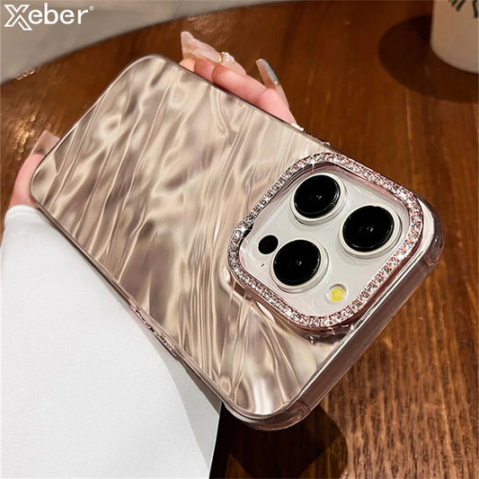 Luxury Plating Shiny Rhinestones Camera Protection Phone Case For iPhone 15 11 12 13 14 Pro Max Curly Wave Ripple Pattern Cover