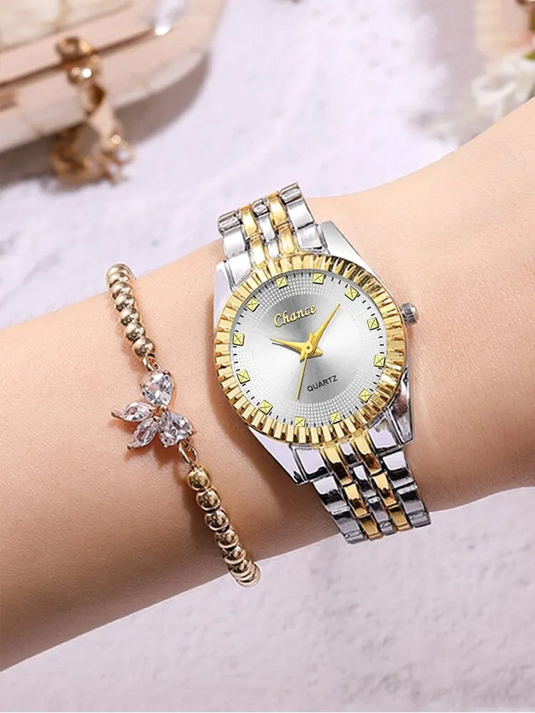 2pcs Women's Fashion Trend Round Steel Band Quartz Watch+Diamond Butterfly Chain Bracelet Set