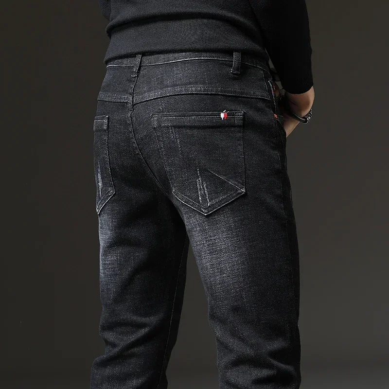 2023 Spring Autumn Men's Blue Jeans Solid Color Micro-elastic Classic Jeans Men Straight Slim Fashion Denim Trousers Male