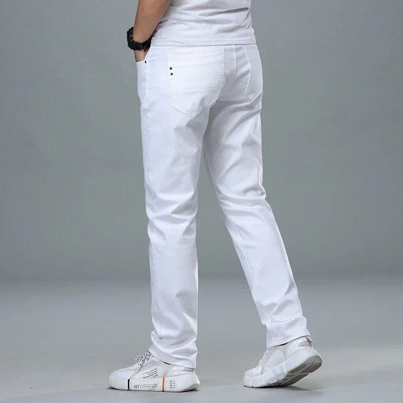 Classic Style Men's Regular Fit White Jeans Business Smart Fashion Denim Advanced Stretch Cotton Trousers Male Brand Pants