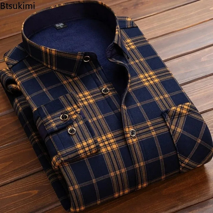 2024 Men's Autumn Winter Casual Fleece Plaid Shirt Fashion Soft Warm Turn Down Collar Long Sleeve Shirt Male High-Quality Tops