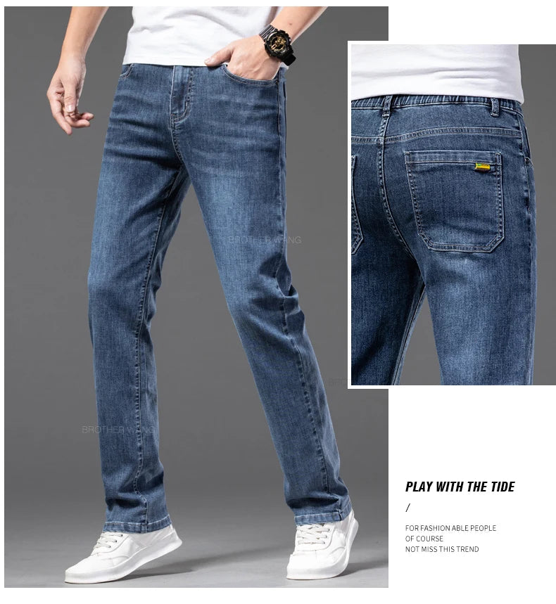 2024 Summer New Men's Thin Jeans Elastic Waist Loose Straight Comfortable Casual Denim Pants Brand Trousers Plus Size 42 44 46