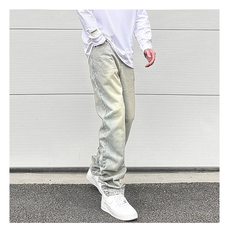 Streetwear Vibe Vintage Distressed Washed Trousers Jeans Yellow Mud Dyed Zipper Split Straight Jeans Men's and Women's Clothing