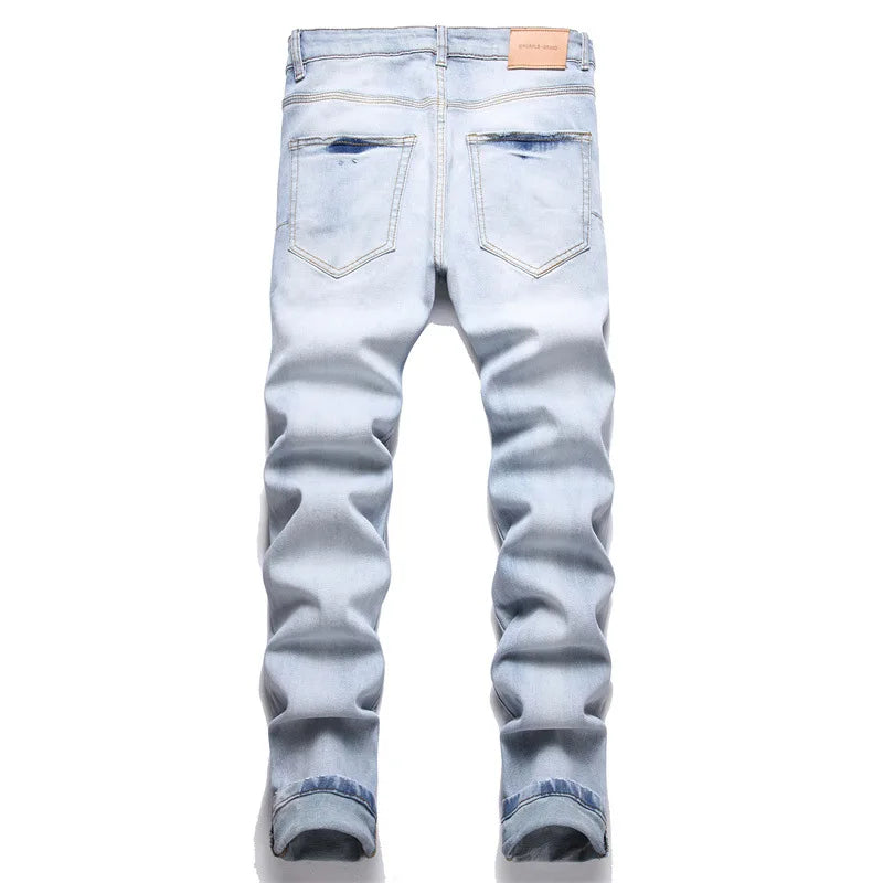 New Fashion Trend Blue Printed Jeans Mid-Waist Stretch Casual Slim Men's Denim Casual Pants