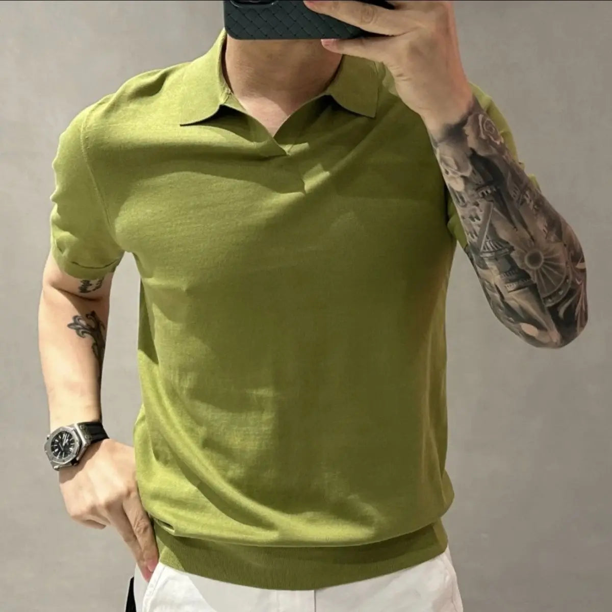 High Quality Fashion Simple Smart Casual Summer New Solid Thin Polo Shirt Men's Lapel Patchwork Versatile Short Sleeved Knit Top