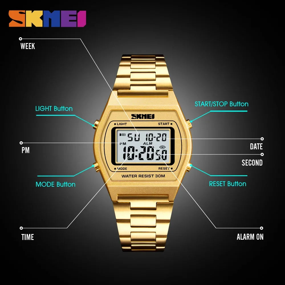 Skmei Outdoor Sport Luxury Digital Wristwatch Alloy Strap Business Watches 12/24 Hours Relogio Masculino Men Fashion Watch 1328