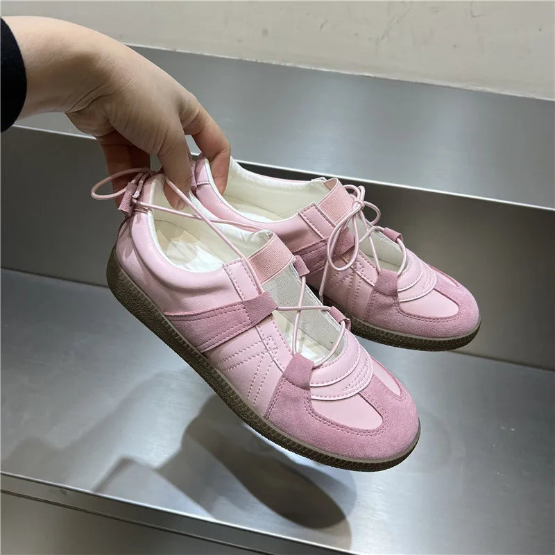 2024 Women Spring Summer New Soft Leather Korea Y2k Designer Casual Ballet Sports Athletic Training Flat Sneakers Female Shoes