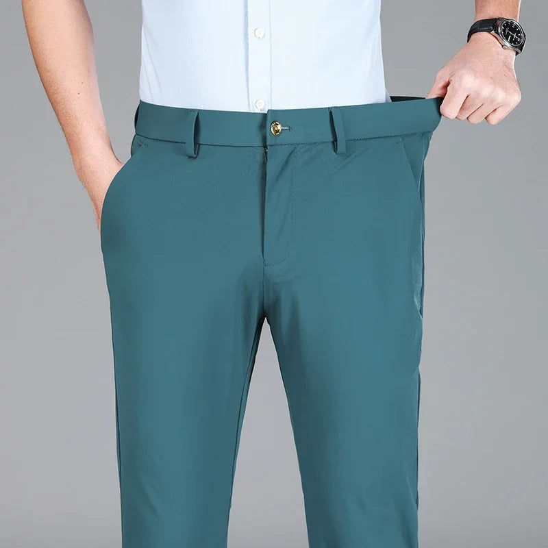 New Summer Men's Ice Silk High Stretch Business Suit Pants Male Army Green Blue Elastic Formal Office Straight Formal Trousers