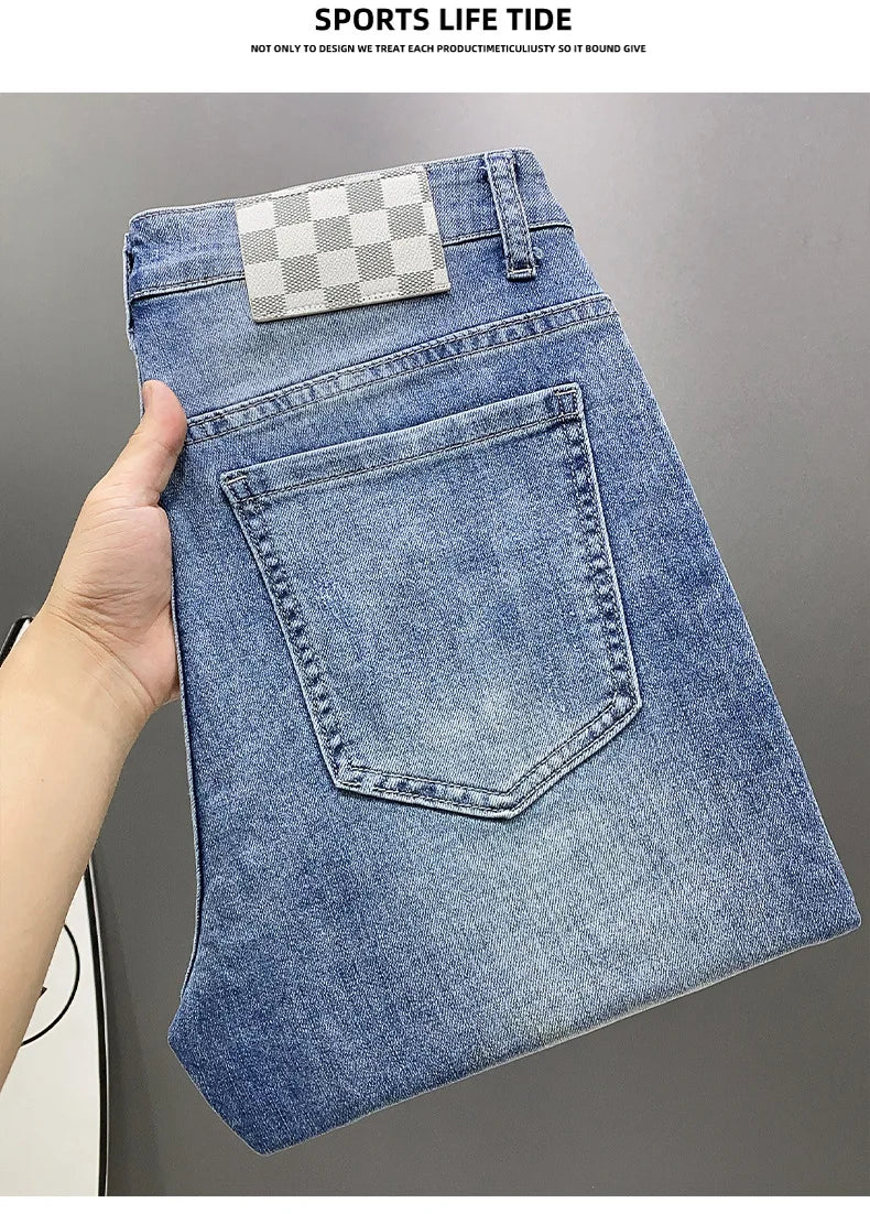 New Jeans Men'S Plaid Print Straight Fit Men'S Pants Blue Fashion Designer Casual Everything With Street Cotton Denim Pants