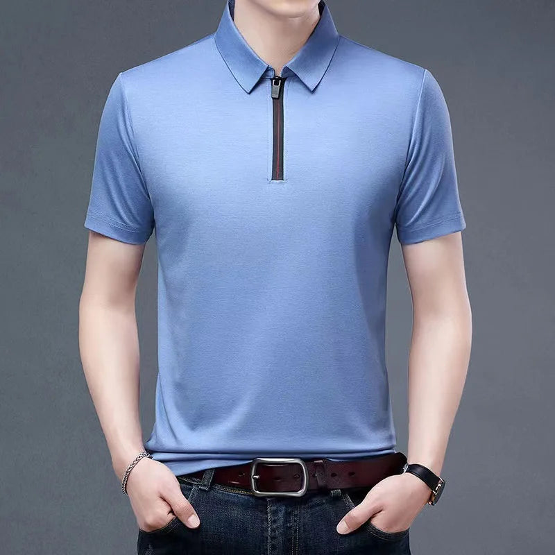 2023 Summer Men's Ice Silk Cool Polo Short Sleeve T-shirt Large Thin T-shirt Short Sleeve Polo Shirt Business Casual Shirt