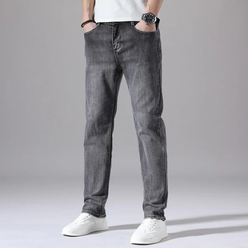 Cotton Stretch Jeans Business Casual Men's Thin Denim Jeans Grey Spring Summer Brand New Fit Straight Lightweight