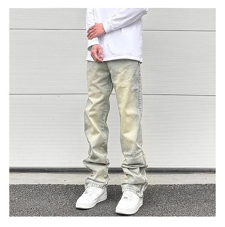 Streetwear Vibe Vintage Distressed Washed Trousers Jeans Yellow Mud Dyed Zipper Split Straight Jeans Men's and Women's Clothing