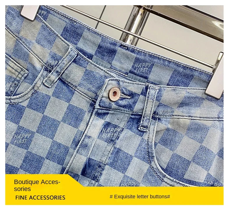 New Jeans Men'S Plaid Print Straight Fit Men'S Pants Blue Fashion Designer Casual Everything With Street Cotton Denim Pants