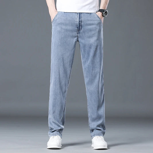 Lyocell Ice Silk Jeans Men's Summer Ultra-thin Loose Straight Denim Pants Soft Comfortable Brand Male Light Blue Trousers