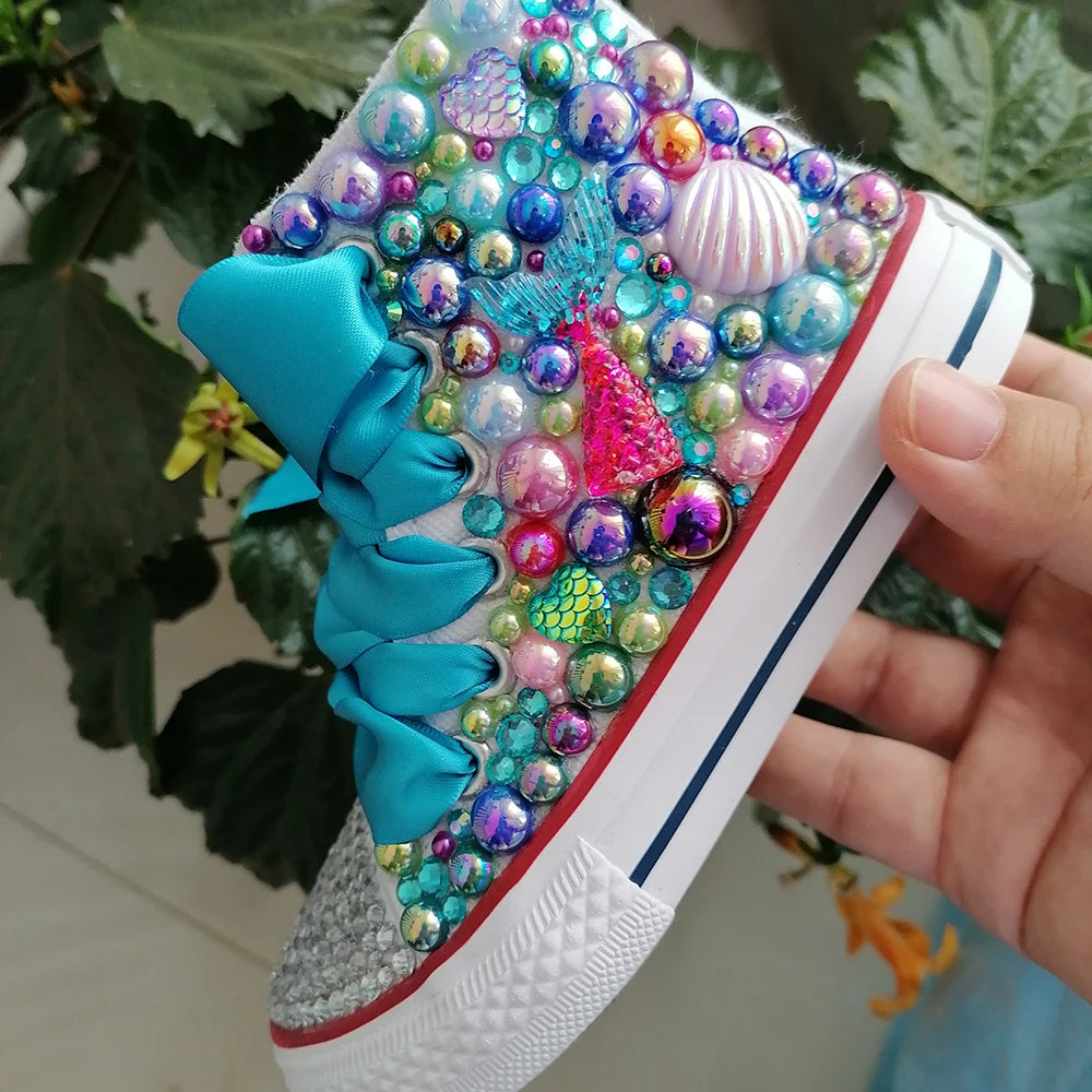 Handmade Rhinestones Bling Girls Womens Kids And Mother Candy Canvas Shoes Pearls Sneakers For Girl Birthday Party Wedding