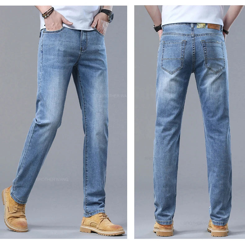 2024 Spring and Summer Thin Men's Light Blue Jeans Classic Style Business Fashion Stretch Fabric Straight Pants Male Brand