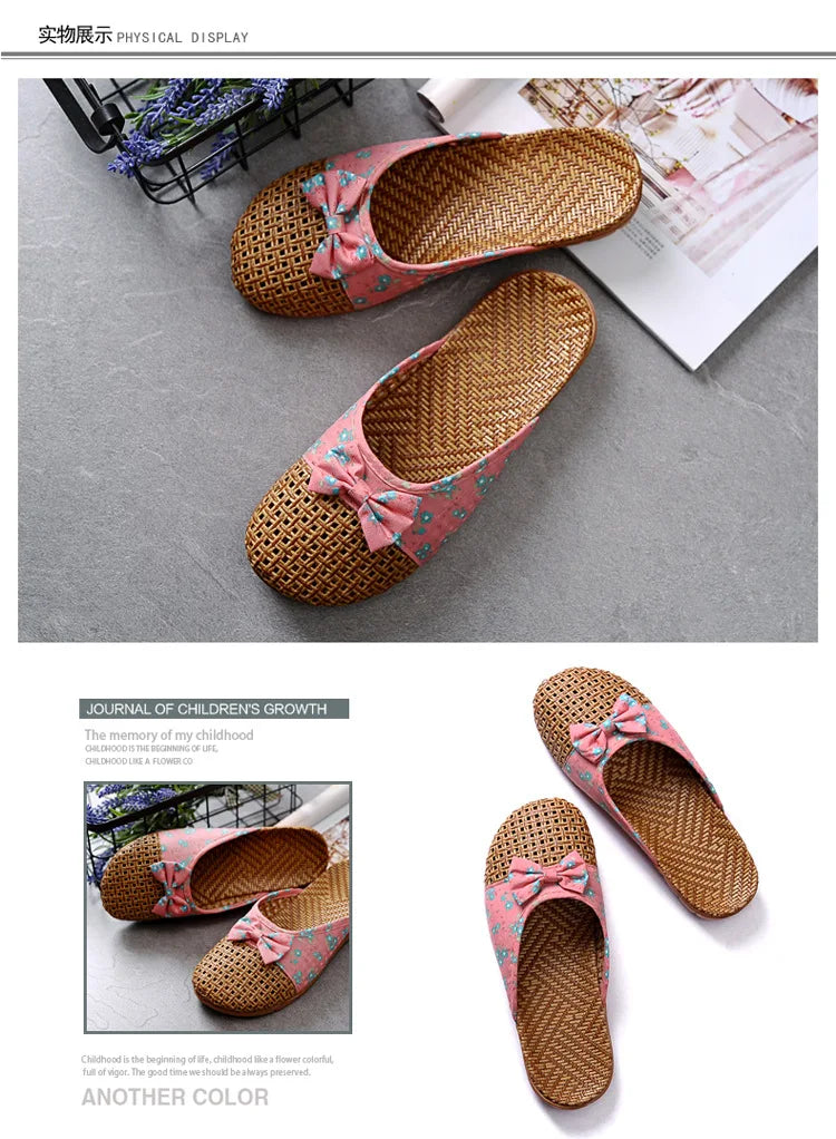 Women for Shose Slippers Summer Beach Flip Flops Breathable Linen Flat Slippers Female Casual Flax Bow Ladies Men Sandals