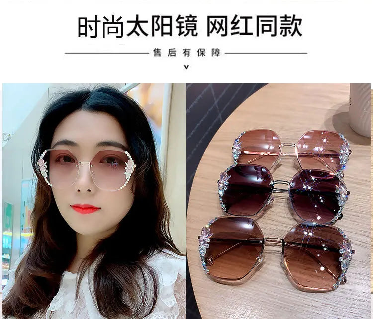 New Decorative Diamonds Sunglasses Women's Metal Mirror Leg Large Frame Sun Glasses Fashion Women Eyewear UV400 Oculos De Sol