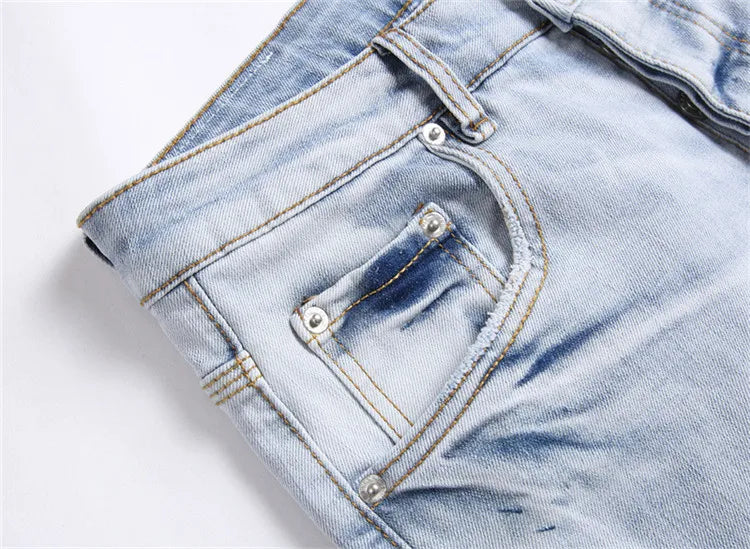 New Fashion Trend Blue Printed Jeans Mid-Waist Stretch Casual Slim Men's Denim Casual Pants