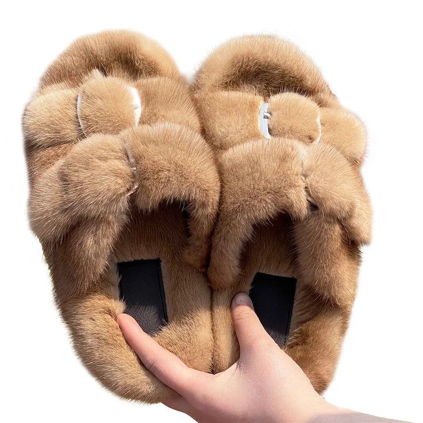 2024 New Women Fur Slippers Shoes Women Warm Winter Natural Fur Shoes For Women Slippers Casual Plush Comfortable Mink Slippers