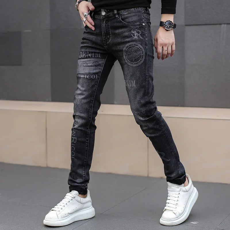 Black Jeans For Men Fashion High Street Slim Printing Denim Man Pants Autumn Stretchy Casual Biker High Quality Men's Clothing