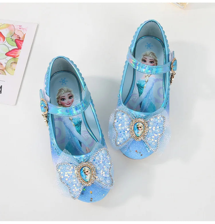 Disney Women Causal Shoes Children's High Heels Princess Elsa Girls' Shiny Rainbow Crystal Leather Pink Blue Shoes Size 23-36