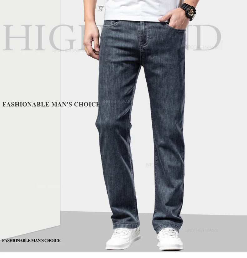 2024 Summer New Men's Thin Jeans Elastic Waist Loose Straight Comfortable Casual Denim Pants Brand Trousers Plus Size 42 44 46