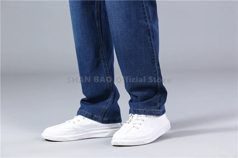 SHAN BAO cotton stretch men's straight loose loose summer thin jeans 2022 spring classic brand casual lightweight jeans blue