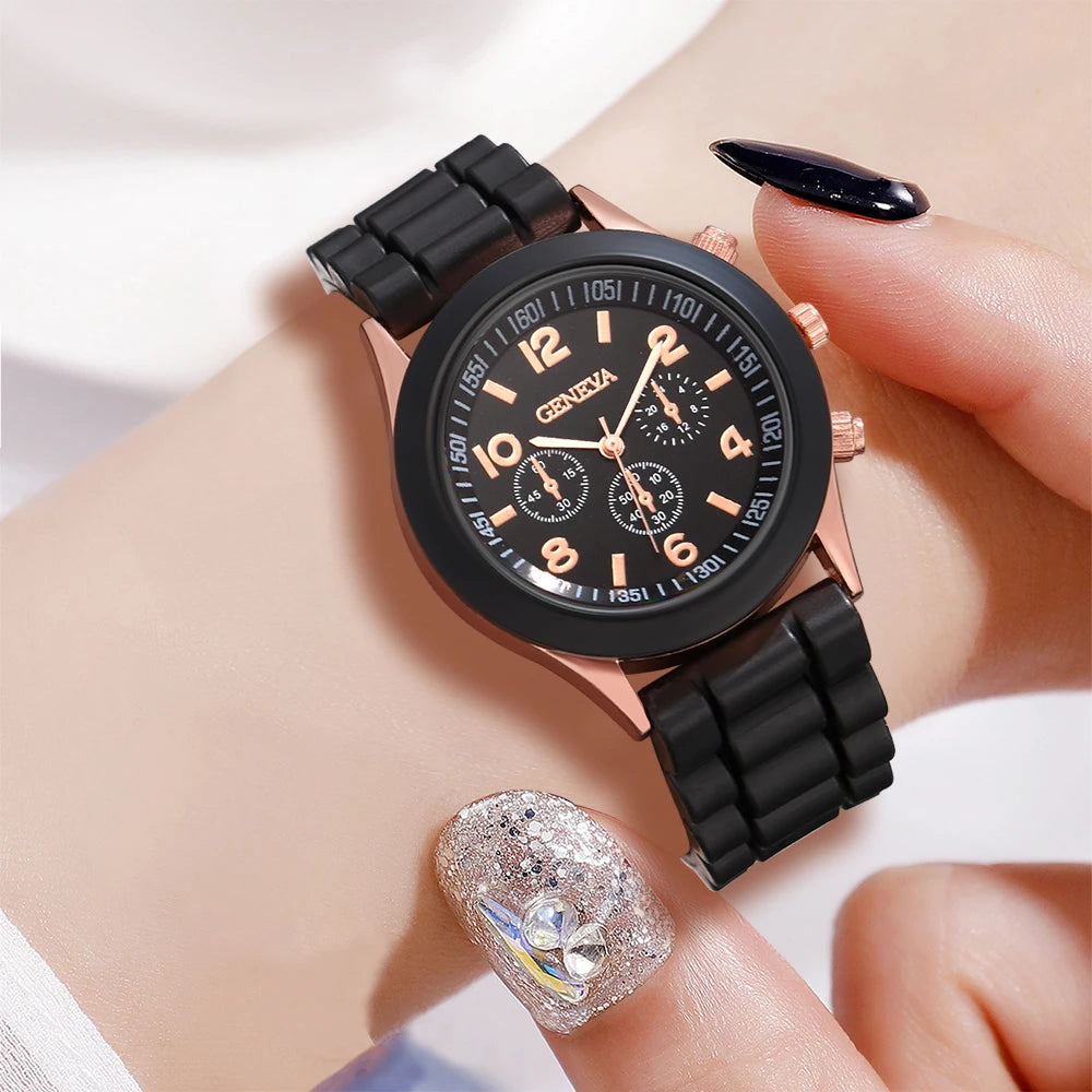 6PCS/Set Black Women Watch Three Eye Element Dial Quartz Wristwatch Latex Strap Butterfly Element Jewelry Set Gift For Girls