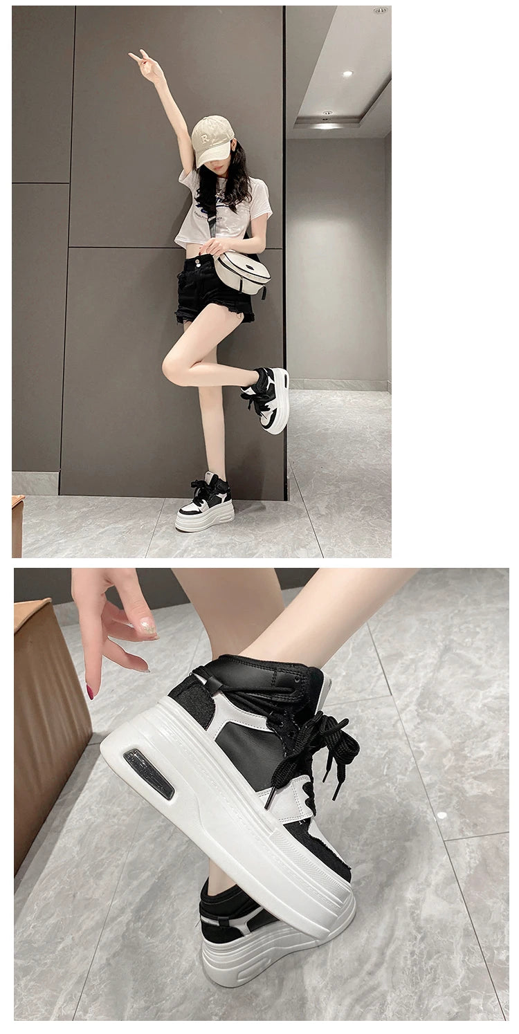 Chunky Sneakers for Women Comfort High Top 8cm Platform Height Increasing Sports Shoes Basketball Non-slip Trainers Walking Shoe